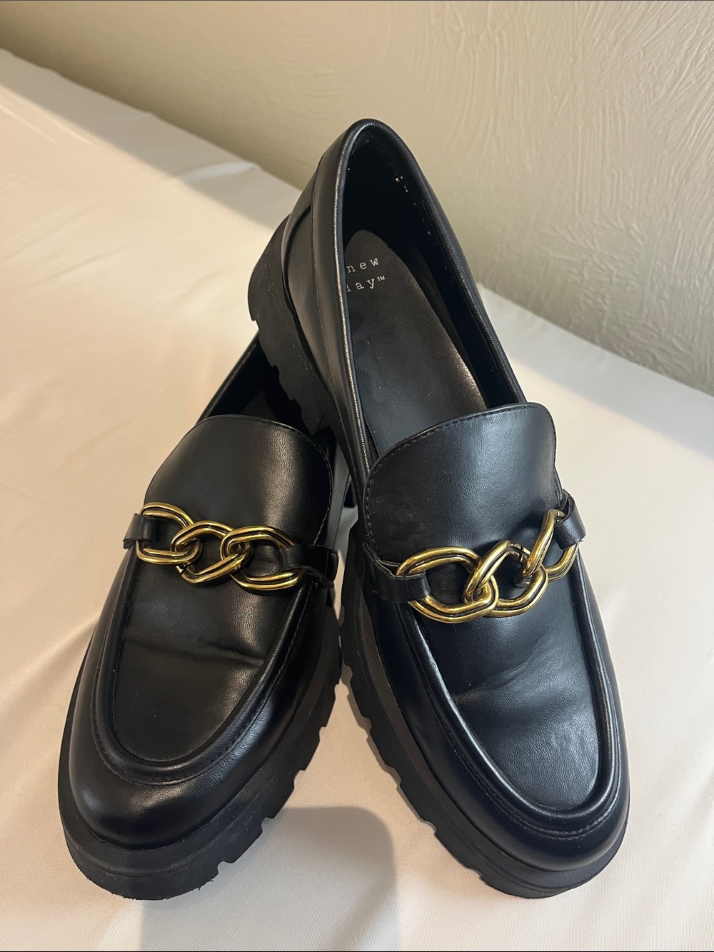 a new day Black Leather Loafers with Gold Chain